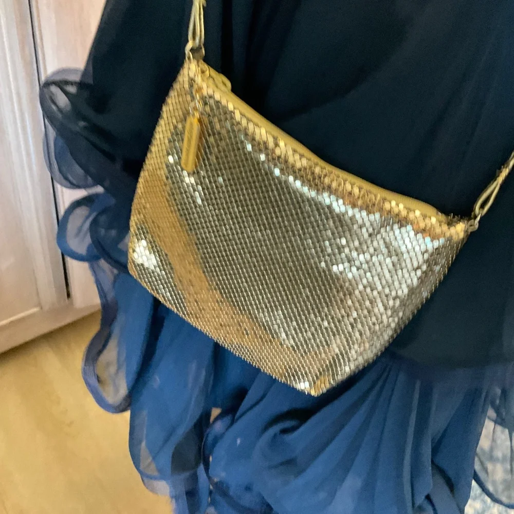 Vintage Whiting & Davis Gold Mesh Bag purse crossbody  leather strap prom bridal